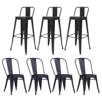 Kit 4 Cadeiras e 3 Banquetas Iron Tolix com Encosto, Aço Carbono, Industrial, Empilháveis - Preto Kit 4 Cadeiras e 3 Banquetas Iron Tolix com Encosto, Aço Carbono, Industrial, Empilháveis - Preto