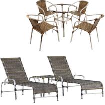 Kit 4 Cadeiras e Mesa Alta, Espreguiçadeiras em Alumínio e Ombrelone para Piscina Trama Original