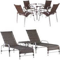 Kit 4 Cadeiras Emily e Mesa Ascoli Adaptada 2 Espreguiçadeiras Catar e Mesa Garden Trama Original Kit 4 Cadeiras Emily e Mesa Ascoli Adaptada 2 Espreguiçadeiras Catar e Mesa Garden Trama Original