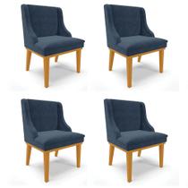 Kit 4 Cadeiras Estofadas para Sala de Jantar Base Fixa de Madeira Castanho Lia Suede Azul Marinho - Ibiza