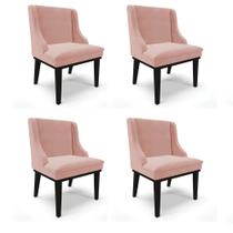 Kit 4 Cadeiras Estofadas para Sala de Jantar Base Fixa de Madeira Preto Lia Veludo Rosê - Ibiza