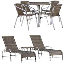 Kit 4 Cadeiras Floripa e Mesa Tampo Tramado com 2 Espreguiçadeiras Catar e Mesa Piscina, Jardim, Varanda, Área
