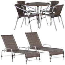 Kit 4 Cadeiras Floripa e Mesa Tampo Tramado com 2 Espreguiçadeiras Catar Piscina, Jardim, Varanda, Área