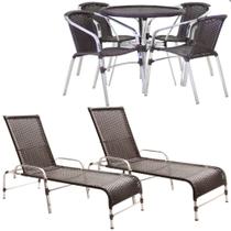 Kit 4 Cadeiras Floripa e Mesa Tampo Tramado com 2 Espreguiçadeiras Catar Piscina, Jardim, Varanda, Área