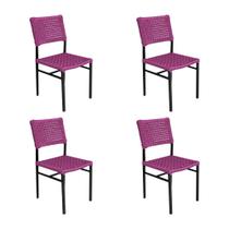 Kit 4 Cadeiras França Corda Náutica Base em Alumínio Preto/rosa