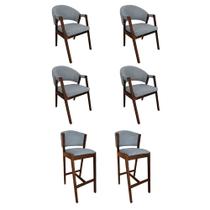 Kit 4 Cadeiras Helen para Mesa de Jantar com 2 Banquetas Ana Madeira Maciça Premium Linho - Cinza