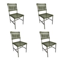 Kit 4 Cadeiras Jantar Área Externa Corda Náutica Verde Musgo Base Aluminio Rami França Linha Plus
