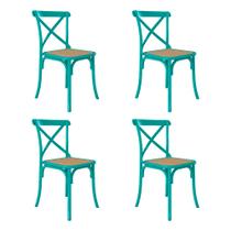 Kit 4 Cadeiras Jantar Cross Katrina X Azul Turquesa Assento Bege Aço