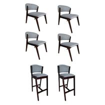 Kit 4 Cadeiras Kethellen Premium com 2 Banquetas Ana em Madeira Maciça Castanho Linho Cinza Kit 4 Cadeiras Kethellen Premium com 2 Banquetas Ana em Madeira Maciça Castanho Linho Cinza