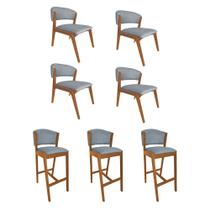 Kit 4 Cadeiras Kethellen Premium com 3 Banquetas Ana em Madeira Maciça Cerejeira Linho Cinza Kit 4 Cadeiras Kethellen Premium com 3 Banquetas Ana em Madeira Maciça Cerejeira Linho Cinza