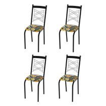 Kit 4 Cadeiras Laura Estofado Floral Hibisco Amarelo para Sala de Jantar Aço Preto