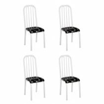 Kit 4 Cadeiras Montreal Aço Tubular Branco com Assento Estofado Preto Floral