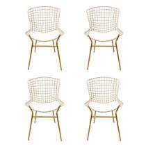 Kit 4 Cadeiras para Cozinha Bertoia cor Dourado Fosco assento branco tubular