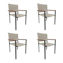 Kit 4 Cadeiras Piracicaba Corda Náutica Braço com Detalhe em Madeira Base Alumínio Preto/areia