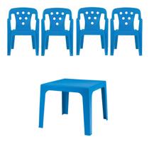 Kit 4 Cadeiras Poltroninhas e 1 Mesa Mesinha Azul Plástica - Mor