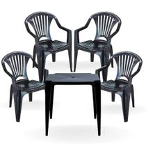 Kit 4 Cadeiras Pretas em Plastico Ate 156 Kg + Mesa Plastica Quadrada 70 X 70cm
