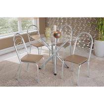 Kit 4 Cadeiras Sala Jantar Volga c/ Tampo de Vidro 90cm e 4 Cadeiras Holanda Cromada - Courano Bege - Kappesberg