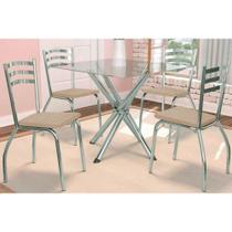 Kit 4 Cadeiras Sala Jantar Volga c/ Tampo de Vidro 90cm e 4 Cadeiras Portugal Cromada - Courano Bege - Kappesberg Kit 4 Cadeiras Sala Jantar Volga c/ Tampo de Vidro 90cm e 4 Cadeiras Portugal Cromada - Courano Bege - Kappesberg