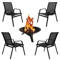 Kit 4 Cadeiras Sevilha Tela Sling com Lareira de Ferro
