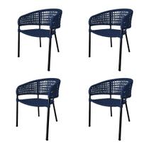 Kit 4 Cadeiras Sol Corda Náutica Base Em Alumínio Preto-azul Marinho - Cor: Azul