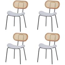 Kit 4 Cadeiras Toscana Fratini Estrutura Aço Preto Encosto Madeira tela Rattan Assento Tecido Cinza