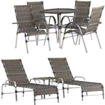 Kit 4 Cadeiras Vênus e Mesa Garden, 2 Espreguiçadeiras Catar e Mesa Emily Para Jardim, Piscina Trama Original Kit 4 Cadeiras Vênus e Mesa Garden, 2 Espreguiçadeiras Catar e Mesa Emily Para Jardim, Piscina Trama Original
