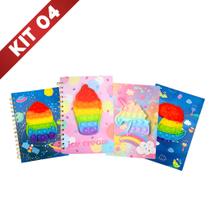 Kit 4 caderno 80 folhas espiral capa estampa pop it adulto infantil anti estresse terapêutico escola