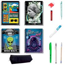 Kit 4 Cadernos 80fls e Material Escolar Masculino Essencial