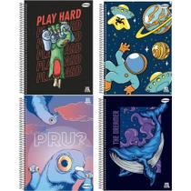 Kit 4 Cadernos Espiral Capa Dura 1x1 - 96 Folhas - Animativa Masculino - São Domingos