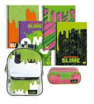 Kit 4 Cadernos Espiral Slime + Mochila Transparente+ Estojo