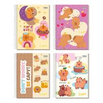 Kit 4 Cadernos Estampa Capivara Espiral 80 Folhas Capa Dura