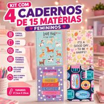 Kit 4 Cadernos Feminino 15 Matérias Capa Dura A4 240 Folhas
