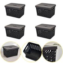 Kit 4 Caixa Cesto Organizador Multiuso Empilhável 17 L Preto Kit 4 Caixa Cesto Organizador Multiuso Empilhável 17 L Preto