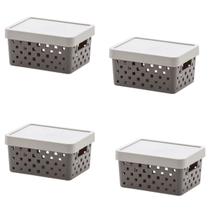Kit 4 Caixa Organizadora C/ Tampa Quadratta 19x14x10 Cinza