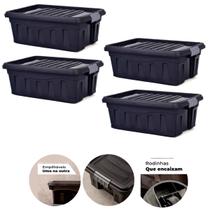 Kit 4 Caixa Organizadora Multiuso 31L Empilhável Trava e Rodizio