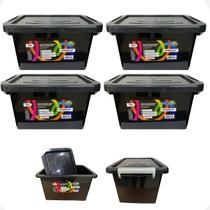 Kit 4 Caixa Organizadora Multiuso Preta Com Trava 10 Litros