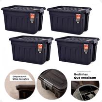 Kit 4 Caixas Contêiner Organizador Multiuso 53 Litros Preto C/ Tampa e Rodas