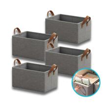Kit 4 Caixas Organizadora De Guarda Roupa Cesto Gaveta Dobrável Com Alça em Couro Reforçado Ideal para Roupas Brinquedos Closet Armário Quarto Tippi