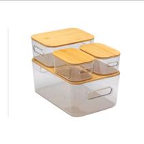 Kit 4 Caixas Organizadoras de Acrílico com Tampa de Bambu Kit 4 Caixas Organizadoras de Acrílico com Tampa de Bambu