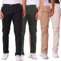 Kit 4 Calças de Sarja Preto / Caqui / Bege e Verde-Militar Corte Alfaiataria Masculina Slim Fit com Lycra Bolso Embutido Social Casual
