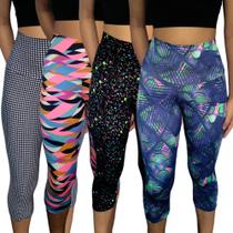 Kit 4 Calças Femininas Corsário Justas Cós Cintura Alta Estampas Sortidas Suplex PP ao Plus Size