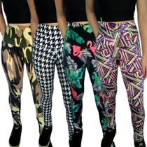 Kit 4 Calças Femininas Legging Justas Cós Cintura Alta Estampas Sortidas Suplex PP ao Plus Size