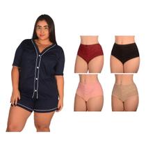 Kit 4 Calcinha PLUS SIZE Algodão Renda +1 Pijama Americano Curto Botão Feminino Confortável Amamentação Pós Parto Gestante Grande Baby Short Doll Luxo