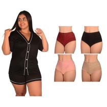 Kit 4 Calcinha PLUS SIZE Algodão Renda +1 Pijama Americano Curto Botão Feminino Confortável Amamentação Pós Parto Gestante Grande Baby Short Doll Luxo