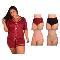 Kit 4 Calcinha PLUS SIZE Algodão Renda +1 Pijama Americano Curto Botão Feminino Confortável Amamentação Pós Parto Gestante Grande Baby Short Doll Luxo