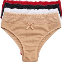 Kit 4 Calcinhas Caneladas Feminina Cintura Alta Com Renda Básica Cós Alto Lingerie Conforto Calsinha