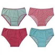 Kit 4 Calcinhas Infantis 100 Algodão LR24-189 Tamanho 8 Verde, Flores, Poá, Rosa Chiclete - Basic+