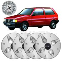 Kit 4 Calota Centro De Roda Ferro Fiat Uno 1985 A 2000 Prata