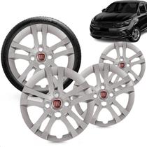 Kit 4 Calotas Argo 2021 Aro 14 Prata Cubo Baixo Grid + Adesivo Resinado 48Mm Fiat Vermelho (4 Pc)