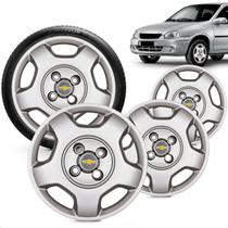 Kit 4 Calotas Corsa 2002 Aro 13 Prata Cubo Baixo Grid + Adesivo Resinado 48Mm Gm Cinza Com Dourado (4 Pc)